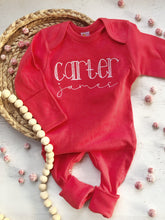 Load image into Gallery viewer, Personalized boy Christmas romper, custom red baby boy outfit, red and white custom baby outfit, baby shower gift for boy