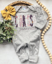 Load image into Gallery viewer, Personalized purple girl romper and bow, lavender and mustard infant girl coming home outfit, custom, baby shower gift, sleeper with footies