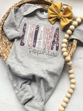Load image into Gallery viewer, Personalized purple girl romper and bow, lavender and mustard infant girl coming home outfit, custom, baby shower gift, sleeper with footies