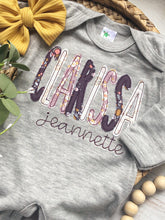 Load image into Gallery viewer, Personalized purple girl romper and bow, lavender and mustard infant girl coming home outfit, custom, baby shower gift, sleeper with footies