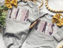 Load image into Gallery viewer, Personalized purple girl romper and bow, lavender and mustard infant girl coming home outfit, custom, baby shower gift, sleeper with footies