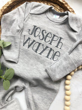 Load image into Gallery viewer, Personalized gray baby romper and hat set, custom coming home outfit, sketch stitch boys outfit, baby shower gift, monochrome, neutral