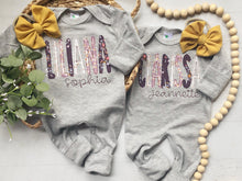 Load image into Gallery viewer, Personalized purple girl romper and bow, lavender and mustard infant girl coming home outfit, custom, baby shower gift, sleeper with footies