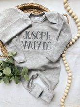 Load image into Gallery viewer, Personalized gray baby romper and hat set, custom coming home outfit, sketch stitch boys outfit, baby shower gift, monochrome, neutral