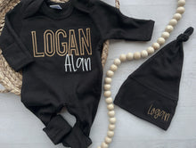 Load image into Gallery viewer, Personalized black, camel, and white newborn outfit, coming home outfit for baby boy, warm tones baby outfit, hospital outfit for boy