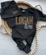 Load image into Gallery viewer, Personalized black, camel, and white newborn outfit, coming home outfit for baby boy, warm tones baby outfit, hospital outfit for boy
