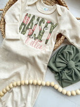 Load image into Gallery viewer, Olive, light peach, and oatmeal floral gown and turban, newborn coming home outfit, baby girl hospital outfit, muted tones baby gown