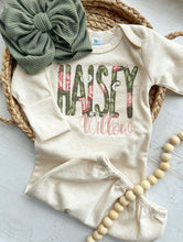 Load image into Gallery viewer, Olive, light peach, and oatmeal floral gown and turban, newborn coming home outfit, baby girl hospital outfit, muted tones baby gown