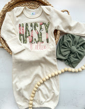 Load image into Gallery viewer, Olive, light peach, and oatmeal floral gown and turban, newborn coming home outfit, baby girl hospital outfit, muted tones baby gown