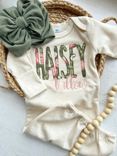 Load image into Gallery viewer, Olive, light peach, and oatmeal floral gown and turban, newborn coming home outfit, baby girl hospital outfit, muted tones baby gown