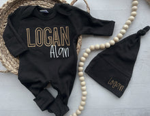Load image into Gallery viewer, Personalized black, camel, and white newborn outfit, coming home outfit for baby boy, warm tones baby outfit, hospital outfit for boy