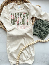 Load image into Gallery viewer, Olive, light peach, and oatmeal floral gown and turban, newborn coming home outfit, baby girl hospital outfit, muted tones baby gown