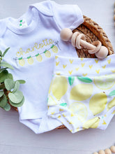 Load image into Gallery viewer, Personalized summer lemon outfit, lemon baby bummies, embroidered lemon baby girl, first birthday outfit, coming home outfit for girl