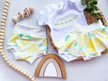 Load image into Gallery viewer, Personalized summer lemon outfit, lemon baby bummies, embroidered lemon baby girl, first birthday outfit, coming home outfit for girl