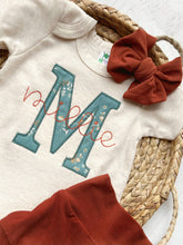 Load image into Gallery viewer, Vintage floral baby girl outfit with bummies, cottagecore baby girl outfit, personalized baby outfit, cinnamon, oatmeal, and teal