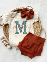 Load image into Gallery viewer, Vintage floral baby girl outfit with bummies, cottagecore baby girl outfit, personalized baby outfit, cinnamon, oatmeal, and teal