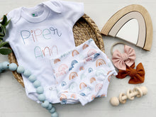 Load image into Gallery viewer, Boho Rainbow baby girl outfit with bummies, rainbow baby girl, newborn baby outfit, hospital outfit