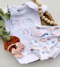 Load image into Gallery viewer, Boho Rainbow baby girl outfit with bummies, rainbow baby girl, newborn baby outfit, hospital outfit