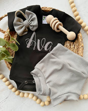 Load image into Gallery viewer, Black and grey baby girl outfit with bummies, summer baby outfit, classic girls outfit, classy black baby girl