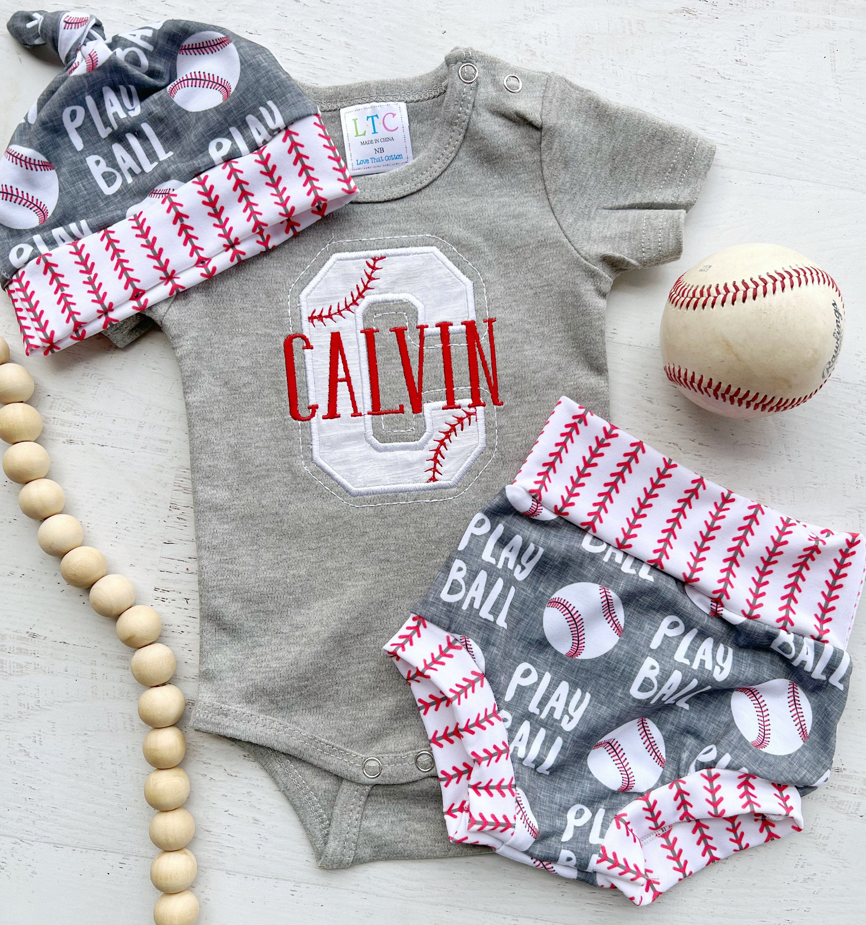 Personalized Newborn Baby Boy Baseball Outfit In Gray With Baby Name