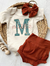 Load image into Gallery viewer, Vintage floral baby girl outfit with bummies, cottagecore baby girl outfit, personalized baby outfit, cinnamon, oatmeal, and teal