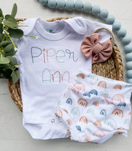 Load image into Gallery viewer, Boho Rainbow baby girl outfit with bummies, rainbow baby girl, newborn baby outfit, hospital outfit