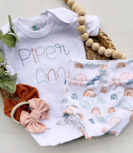 Load image into Gallery viewer, Boho Rainbow baby girl outfit with bummies, rainbow baby girl, newborn baby outfit, hospital outfit