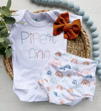 Load image into Gallery viewer, Boho Rainbow baby girl outfit with bummies, rainbow baby girl, newborn baby outfit, hospital outfit