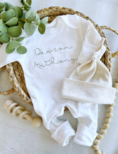 Load image into Gallery viewer, Personalized white and sage baby romper and hat set, neutral custom coming home outfit, baby shower gift, gender neutral