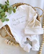 Load image into Gallery viewer, Personalized white and sage baby romper and hat set, neutral custom coming home outfit, baby shower gift, gender neutral