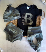 Load image into Gallery viewer, Green camo baby boy outfit, bummies, camo print outfit for baby boy, black personalized outfit, boys newborn outfit pants