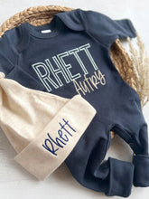 Load image into Gallery viewer, Personalized navy, blue, and beige newborn outfit, coming home outfit for baby boy, baby boy outfit, hospital outfit for boy