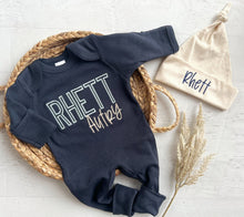 Load image into Gallery viewer, Personalized navy, blue, and beige newborn outfit, coming home outfit for baby boy, baby boy outfit, hospital outfit for boy