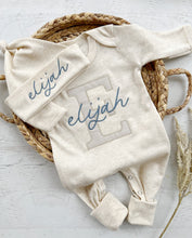 Load image into Gallery viewer, Personalized neutral baby romper and hat set, custom infant boy coming home outfit, baby shower gift, oatmeal sleeper with footies