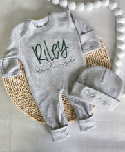 Load image into Gallery viewer, Personalized baby romper and hat set, custom infant boy coming home outfit, baby shower gift, gray sleeper with footies, green, twin outfit