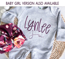 Load image into Gallery viewer, Personalized baby romper and hat set, custom infant boy coming home outfit, baby shower gift, gray sleeper with footies, green, twin outfit