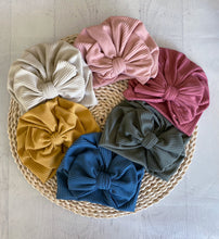 Load image into Gallery viewer, Ribbed baby handmade turban Baby fabric, toddler hair accessory, matching sibling hats, neutral headband for baby