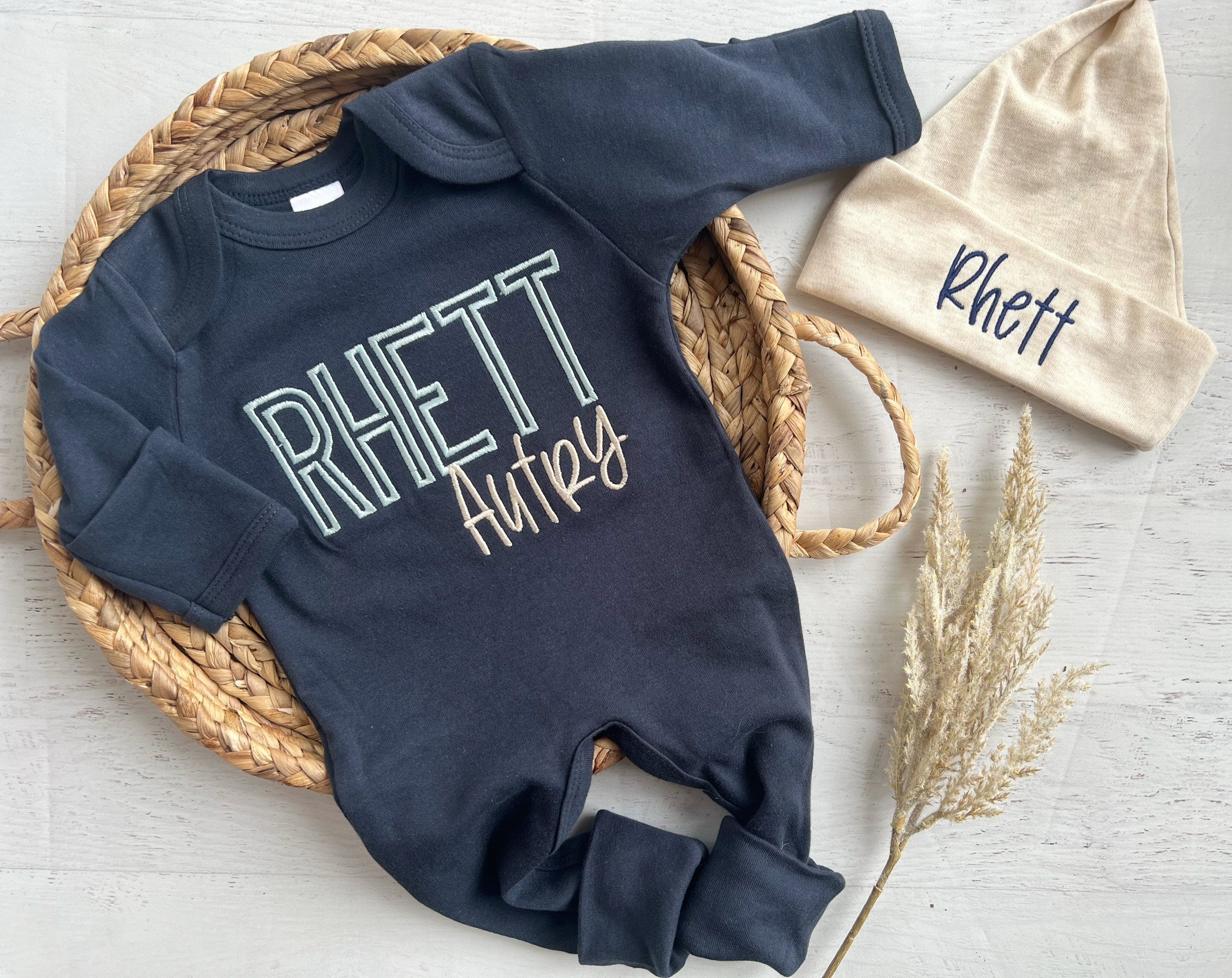 Personalized Newborn Baby Outfit Navy Romper Light Blue Baby Names Rhett Autry 3 6 Months Romper and Hat Set