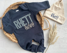 Load image into Gallery viewer, Personalized navy, blue, and beige newborn outfit, coming home outfit for baby boy, baby boy outfit, hospital outfit for boy