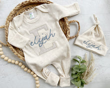 Load image into Gallery viewer, Personalized neutral baby romper and hat set, custom infant boy coming home outfit, baby shower gift, oatmeal sleeper with footies