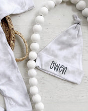 Load image into Gallery viewer, Personalized smoke gray romper newborn outfit, coming home outfit for baby boy, light gray tie dye baby outfit, hospital outfit for boy