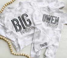 Load image into Gallery viewer, Personalized smokey gray matching custom name big brother sweat shirt romper matching newborn siblings outfit pictures for boy sweat shirt