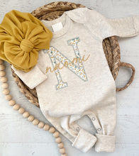 Load image into Gallery viewer, Personalized baby girl romper and hat set, vintage floral infant coming home outfit, baby shower gift, sleeper with footies