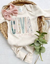 Load image into Gallery viewer, Personalized baby girl romper and bow, pink infant girl coming home outfit, custom name, baby shower gift, sleeper with footies, sage green