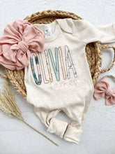 Load image into Gallery viewer, Personalized baby girl romper and bow, pink infant girl coming home outfit, custom name, baby shower gift, sleeper with footies, sage green