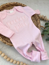 Load image into Gallery viewer, Personalized tone on tone baby romper and hat set, custom coming home outfit, sketch stitch outfit, baby shower gift, neutral