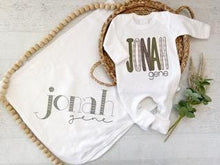 Load image into Gallery viewer, Personalized baby boy romper and bow set, custom coming home outfit for boy, baby shower gift, green brown and sage, cottagecore baby outfit