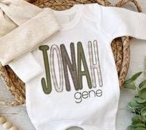 Load image into Gallery viewer, Personalized baby boy romper and bow set, custom coming home outfit for boy, baby shower gift, green brown and sage, cottagecore baby outfit