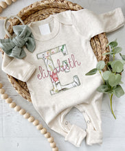 Load image into Gallery viewer, Personalized baby girl romper and hat set, vintage blush floral infant coming home outfit, baby shower gift, sleeper with footies