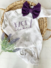 Load image into Gallery viewer, Personalized baby girl romper and bow set, infant coming home outfit, baby shower gift, sleeper with footies, purple gray, custom name,